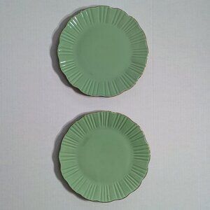 Set of 2 Green and Gold Fluted Porcelain Cake Plates